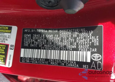 2013 Toyota Corolla L z USA, uszkodzony, nr VIN 2T1BU4EE9DC105124